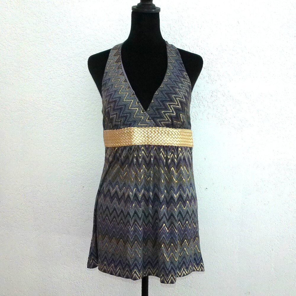 Rhapsody, Gray/purple/gold waves Halter top, with golden woven belt design